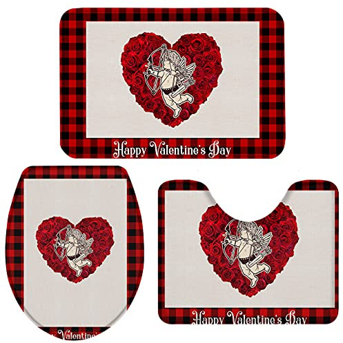 Set 3 Teilig Badvorleger Romantische Rosen Mit Einem Kleinen Liebesgott Waschbar Bade-Matte+Kontur+Wc-Deckelabdeckung Dekorative Badgarnitur Badematten Für Wc-Sitz Bezug Wohnzimmer Badezimmer