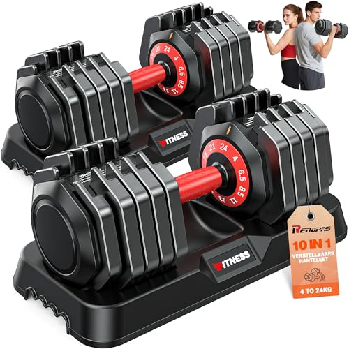 Rendpas Verstellbare Hanteln Set | 5 & 10 Gewichtsstufen | 2–24,5 KG Einstellbare Kurzhanteln | Platzsparend für Home Gym | Krafttraining für Einsteiger und Fortgeschrittene | Frauen & Männer