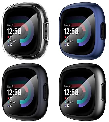 Diruite 4-Stück Schutzfolie für Fitbit Versa 4/Sense 2 Schutzhülle, HD Stoßfestes Weiche TPU Cover Vollschutz Display Schutz Hülle Schutz Case,Schwarz&Waffenfarbe&Blau&Transparent