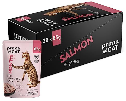 PrimaCat - Classic Complete Wet Cat Food, Salmon in Gravy Flavoured Cat Food, Sterilized, 28 pack of 85g- Amazon Exclusive