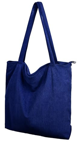 TeeYee Cord Tasche Damen Umhängetasche Tote Bag Kord Damen Shopper Handtasche mit Reißverschluss Schultertaschen Henkeltasche Große Kapazität für Arbeit Büro Reisen Einkauf Schule Alltag blau