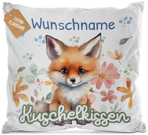 Print Royal PR Flauschiges Kuschel-Kissen für Kinder mit Füllung mit Name selbst gestalten - Fuchs Kissen für Mädchen und Jungs, Kinderkissen mit Name | 40 x 40 cm, Weiß Flauschig