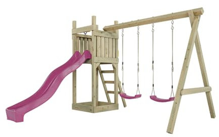 Outgarden Spielturm Klettergerüst Skinny aus KDI-Holz | Spielhaus mit Pinker Rutsche & Sitzen | mit Sandkasten & Leiter | Outdoor Stelzenhaus für Kinder und Garten | 315 x 327 x 220 cm