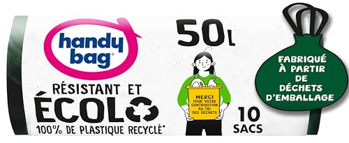 Handy Bag - Sacs poubelle à poignées coulissantes Écolo 50Lx10 sacs - Résistant : film triple épaisseur - Étanchéité maximale - 100% plastique recyclé issu de la collecte des déchets ménagers