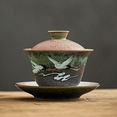 ZLWEI China exquisite Keramik-Teetassen, 140 ml Keramik-Retro-Gaiwan-Teeschale, handbemalte Terrine mit Kranichmuster, Kung-Fu-Teezeremonie