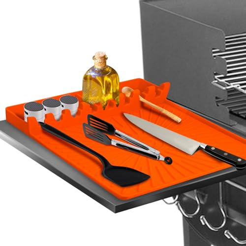 Silicone Grill Mat, Large Size Silicone Side Shelf Griddle Tools Spatula Mat with Drip Pad for Outdoor Grill Kitchen Countertop, Reusable Black-stone Griddle Accessories, Orange