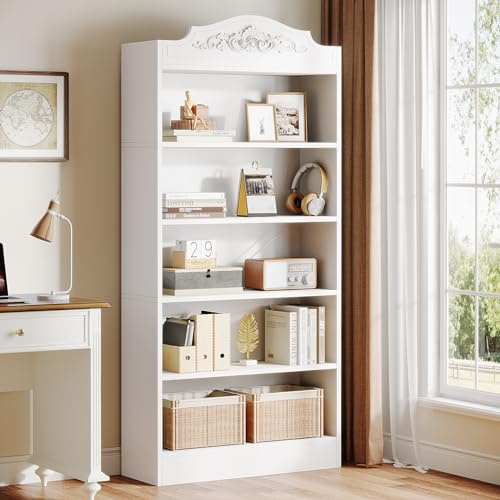 Tribesigns 190 cm Hohes Gewölbtes Bücherregal, 5-stöckiges Standbücherregal mit Lagerregalen, Große Offene Weiße Bücherregale, Holz-Ausstellungsregale für Schlafzimmer Wohnzimmer Heimbüro, 1 PC