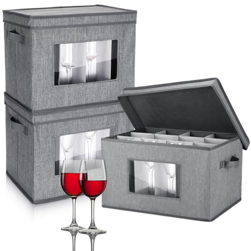 Norme 3 Pack Wine Glasses Storage Box with Dividers, 12 Compartments Stemware Storage Cases Champagne Flute Box with Lid Handle Window China Container Organizer for Moving(Wine Glass Size,Gray)