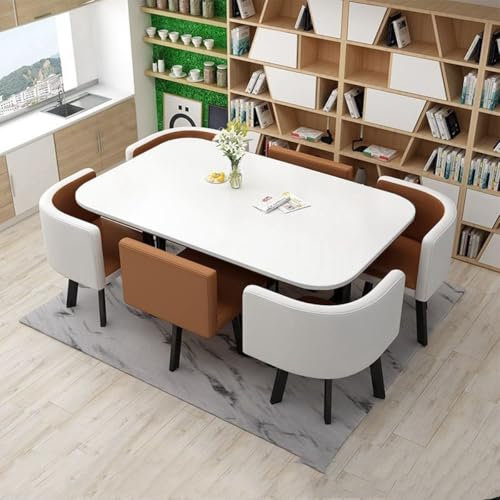 Esstisch Küchentisch mit 6 Stühlen Set, Rechteckig Konferenztisch Besprechungstisch for Esszimmer Küche Wohnzimmer, Weiß Esstisch(Brown)