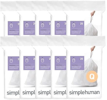 simplehuman Code Q 200 Count, Dispenser Pack Custom Fit Liners, Drawstring Trash Bags, 50-65 Liter / 13-17 Gallon, White