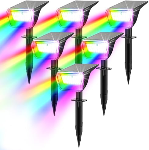 Linkind Bunt Solarlampen für Außen, RGB & Weiß Solar Strahler Garten mit 10 Modi, Solar Außenleuchte 2 in 1 Montage, IP67 Außen Gartenstrahler für Party, Bäume, Vorgarten, Hof, 6 Stück