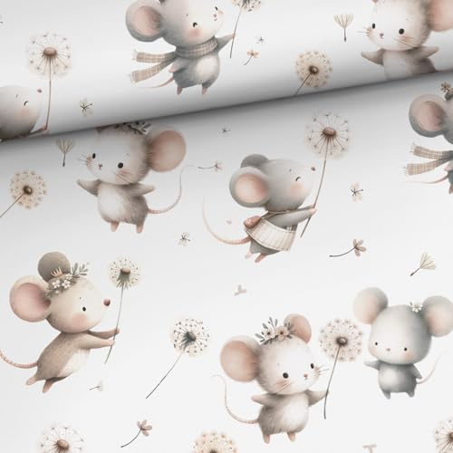 50x150cm Baumwollstoff für Mädchen mit Mäuse - Kinderstoffe & Babystoffe aus 100% Baumwolle - Stoffe zum Nähen für Kinder - Blumen Kinderstoff - Premium Baumwollstoffe - keine Meterware - Mäuseliebe