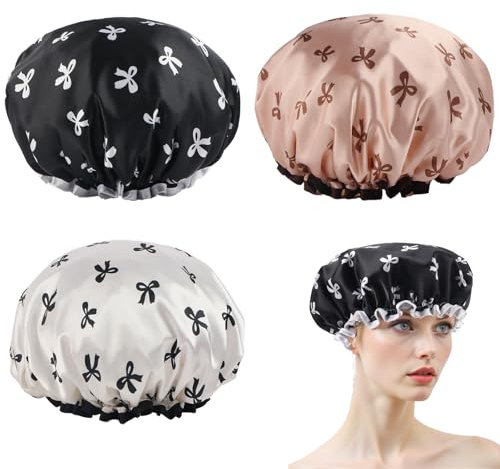 3 Pièces Bonnet de Douche Etanche, Bonnet de Douche pour Femmes, Bonnets De Douche Avec Nœud, Bonnet de douche Réutilisable Élastique Double Couche Pour Femmes Filles Douche SPA Salon