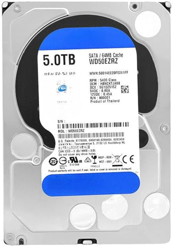 SIMPLETEK - 3,5 SATA Blue HDD mit 5TB | 64MB Cache 5400RPM | Festplatte für Server, NAS, DVR und PC (WD50EZRZ) (Generalüberholt)