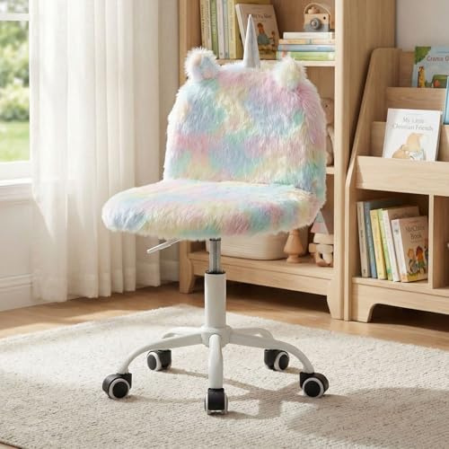 chairus Kids Desk Chair Height Adjustable in Soft Faux Fur Armless 360° Swivel Writing Task Chair with Wheels for Children's Room, Colourful