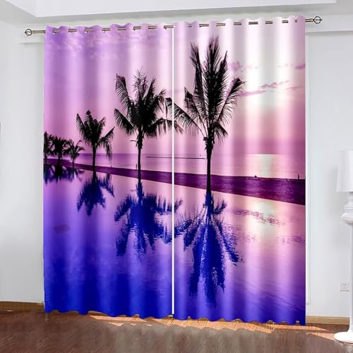 ANAZOZ Tende Occhiello Esterno,2 x 137W x 244H CM,Due Pannelli Tenda da Finestra Oscurante Paesaggio di Alberi di Cocco Mare Tenda Porta Finestra Viola