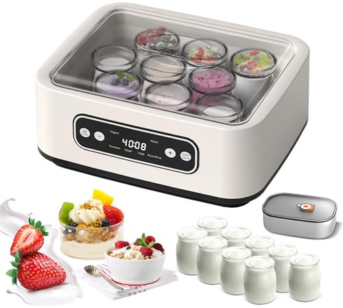 Yoghurt Maker Machine, Automatic Yogurt Maker with 9 Glass Cups & 1.6L Stainless Steel Liner, 12h Timer, PTC Constant Temperature Control, Electric Yogurt Makers for Yoghurt, Rice Wine, Natto
