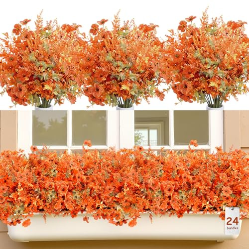 SHareconn 24 Bundles Autumn Artificial Flowers, Lavender & Violet, UV Resistant Fake Flowers for Fall Decor Indoor/Outdoor, Realistic Faux Flowers for Home/Garden/Wedding, Sunset Red Orange Fall