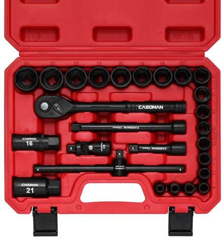 CASOMAN 26 PCS 3/8 Drive Metric Shallow Impact Socket Set, 6-Point, 6mm to 24mm, with Adapters, Spark Plug Sockets, Extensions and Ratchet Wrench, CR-V