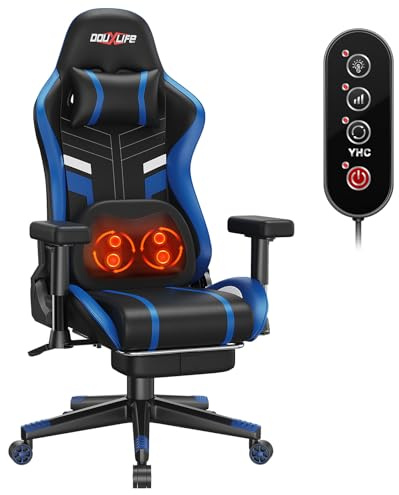 Douxlife Gaming Stuhl mit Massage & Heizung, Ergonomischer PC Bürostuhl | Gamer Sessel mit Fu?stütze, 90°-175° verstellbar, verdickte 2D-Armlehnen, bis 180kg belastbar, PC Stuhl, Blau