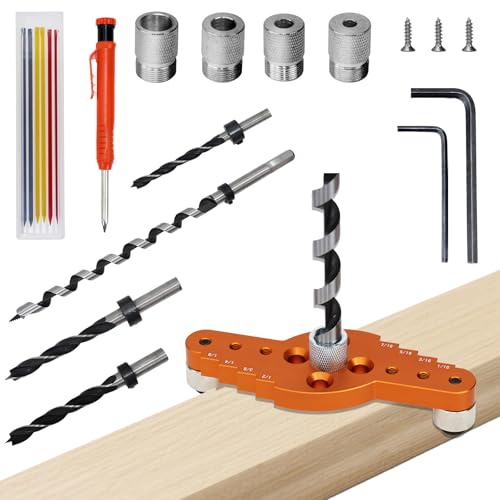 Dowel Jig Kit for Floating Shelf Bracket(& 1/2 x 11.8 Drill Bit), Self-centering Scriber(& 1/4,5/16,3/8,7/16 Drill Bits), Drill Guide for Hidden Shelf Brackets & Mantels, Centering Hole Drill