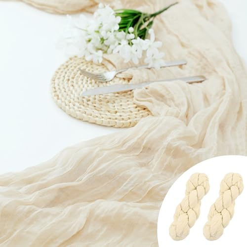 2 Stück Seihtuch Tischläufer, 90x400cm Käsetuch Tischläufer Beige, Musselin Tischläufer, Lang Rustikaler Boho Gaze Stoff Table Runner für Hochzeitsdeko Geburtstag Tischdeko