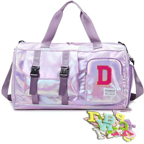 Sporttasche Damen und Herren,Gym Zubehör Tasche mit Schuhfach und Nassfach,Reisetasche Klein,Schwimmtasche,Tasche für Fitnessstudio,26 Stück Chenille-Buchstaben Aufkleber (Lila)