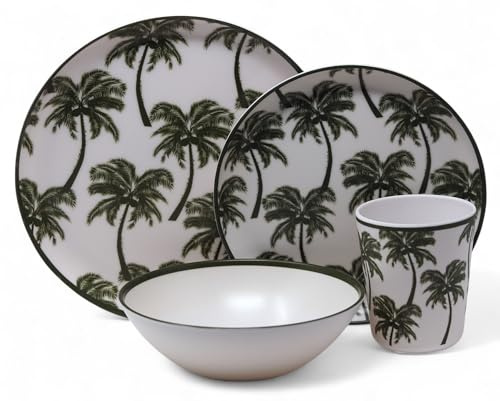 Tropical Palm Tree Melamine Outdoor Dining Picnic 16 Piece Set - Dark Green