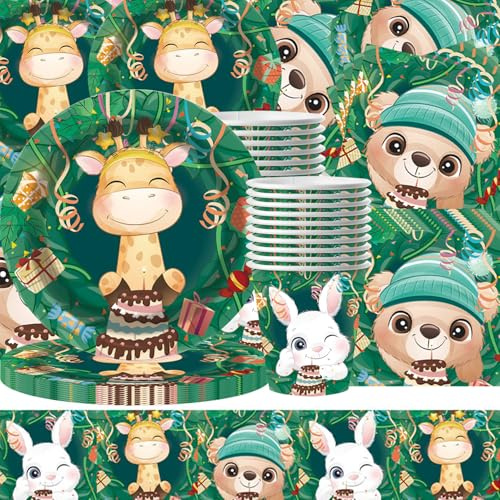 61pcs ensemble de couverts de fête d'animaux de la jungle, thème de la forêt, fête d'anniversaire verte, tissu de repas, gobelet en papier, serviette de table, plateau en papier, pour 20 invités