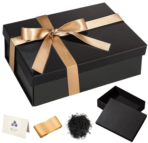 Geschenkbox, Schwarz Geschenkbox mit Deckel 40 x 30 x 15cm Raffia Grußkarte | Geschenkboxen mit Schleife, Raffia und Grußkarte, Geschenkkarton für Geburtstag, Weihnachten und Valentinstag