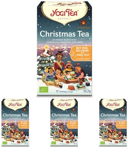 YOGI TEA – Christmas Tea Bio – Infusions Ayurvédiques au Rooibos, HoneyBush, Cardamome & Cannelle – Sans Théine – Saveur Chaleureuse & Épicée – 17 Sachets (Lot de 4)