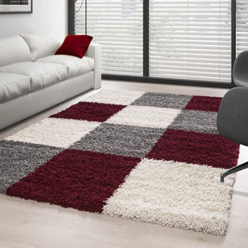 Carpettex matta med lång lugg, vardagsrum, lurvig Flokati, modern, rutig, 200 x 290 cm röd – sovrum, mjuk, fluffig, tvättbar, kök, matsal – lång lugg