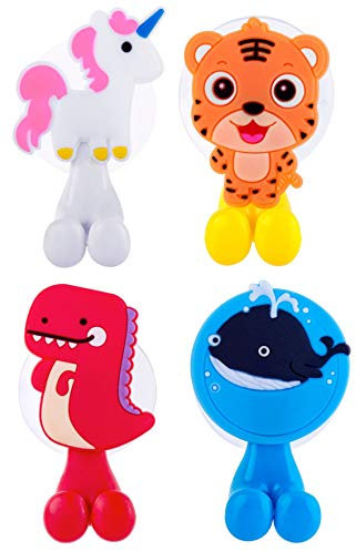 Farber Baby Zahnbürstenhalter, Kinder Zahnbürstenhalter Set mit Saugnapf-Haken zur Wandmontage, Organizer für Kleinkinder, Kinder, Badezimmer-Zubehör und Dekoration, Einhorn, Gepard, Wal, 4 Stück