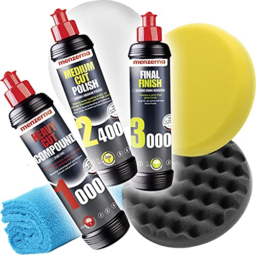 detailmate Set di Lucidi e Pasta abrasiva lucidante - Menzerna 250 ml- SHC 1000 + MC 2500 + FF 3000 + 3 Tamponi per lucidare (Morbido, Medio, Duro) + Panno Microfibra per la lucidatura