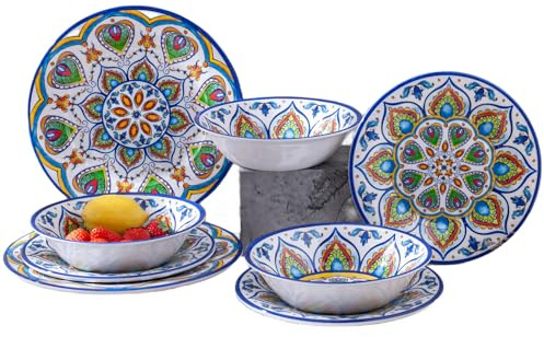 Melamine Dinnerware Set, 12 Pcs Dinner Plates Bowls Sets for Indoor and Outdoor Use, Durable Unbreakable Dishes Sets, Dishwasher Safe, BPA Free, Service for 4