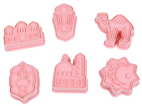 libelyef 6 x Keksformen, Cartoon-Muster, Muslimischer Eid Mubarak, Keksausstecher, Keks-Stempel, Kunststoff, 3D-Plätzchen, Fondant, Backform