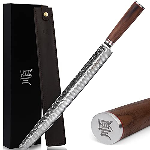YOUSUNLONG Sakimaru Knife Ultimate Slice Carving Knife 380mm en acier damas japonais Convient pour trancher le thon et le saumon - Manche en noyer naturel avec étui en cuir