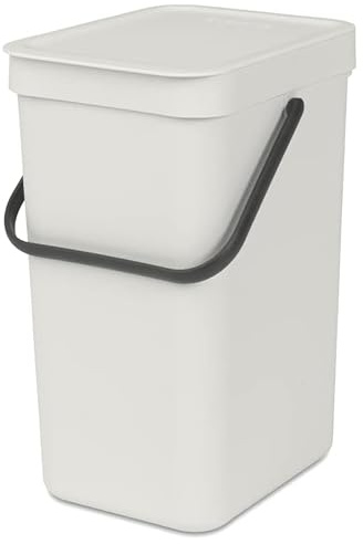 Brabantia Poubelle Sort & Go 12L (Gris clair) – Système de tri des déchets avec poignée de transport, couvercle amovible et à ouverture permanente – Poubelle cuisine à nettoyage facile sans rebords