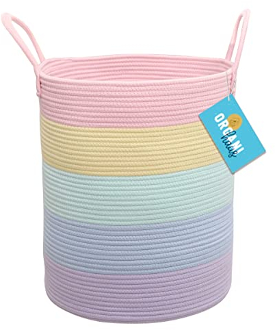 OrganiHaus Wäschekorb Kinderzimmer, Spielzeugkorb, Großer Geflochtener korb Mit Griff, Faltbar & Stabiler, Aufbewahrungskorb Kinder Für Decken, Spielzeug & Kleidung, Regenbogen Design - 38x45cm