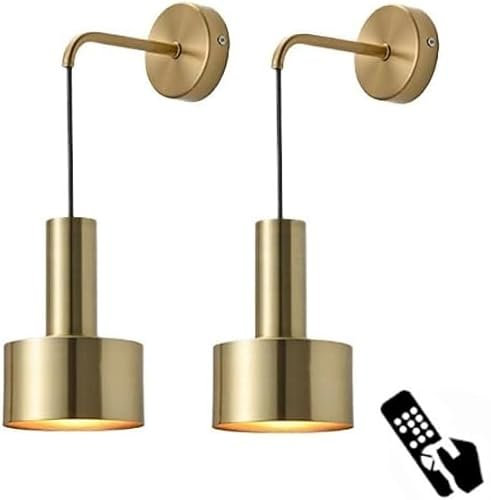 SILULCM Wall Sconces Set of 2, Modern No Wire Wall Lamp with Remote and led Light Bulb, Dimmable Adjustable Copper Lighting Fixture for Indoor Bedroom Bedside Decor/Living Room/Hallway…