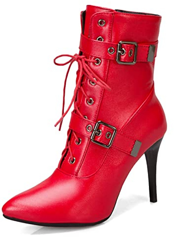 Viéctaa Bottines Femme Sexy à Lacets Talon Haut Aiguille Hiver Simili Cuir Bout Pointu Chaussures Boots Soirée Rouge 44
