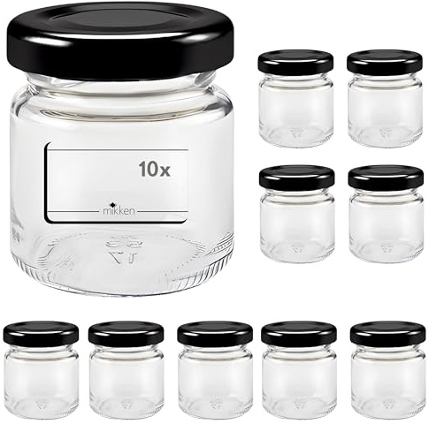 mikken 10 tarros pequeños de 53 ml para mermelada con tapa, incluye etiquetas, color negro