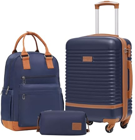 COOLIFE Valise, 3 Pièces Set de Valise avec Sacs de Voyage et Trousse de Toilette pour Courts Voyages, Serrure TSA et roulettes Pivotantes à 360° (Bleu/Marron, Petit)