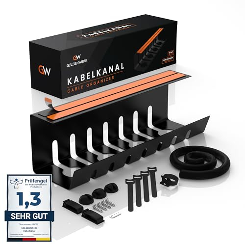 GELSENWERK® 1er Set Kabelkanal Schreibtisch Schwarz ohne Bohren - Kabelhalter 43x12x12cm inkl. Kabelschlauch - Kabelwanne für ordentliches Kabelmanagement am Arbeitsplatz und Ordnung im Büro