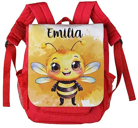 Striefchen® personalisierter Kinderrucksack mit niedlichen Tiermotiven in Aquacolor Optik Biene, Rot
