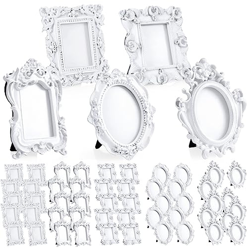 Maitys 50 Pcs Tiny Vintage Picture Frames with Stands Ornate,White | Baroque Resin Oval for Table Display, Antique Frame Set for Wedding Home Decor, Small Decorative Tabletop Standing