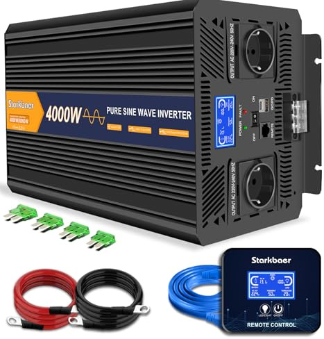 4000W Inverter 12v 230v Ren Sinus,Inverter Pure Sine Wave Voltage Converter | Ren sinusvågsomvandlare med 2 EU-uttag, USB+Type-C, 5m fjärr & LCD-skärm. Lämplig för bil/båt/lastbil/husbil/camping/klass A+