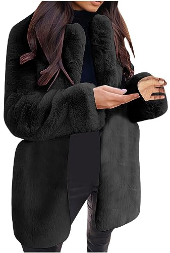 EMATOP Kunstpelz Mantel Damen Revers Wintermantel Teddy Fleece Kunstpelzjacke Winter Warm Pelzmantel Einfarbig Plüschjacke Lang Elegant Fellmantel Flauschig Kuschelig Winterjacke Felljacke