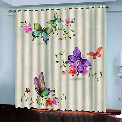 Kinder Vorhänge Schlafzimmer Blume Schmetterling Schiebegardinen Blickdichter Bedroom Children's Room Vorhang Mit Ösen Verdunkelungsgardine, Vorhänge 3D Wohnzimmer 2 X 280 (B) X 250 (H) cm