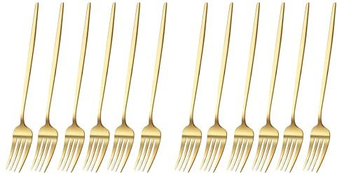 PEBBLE HUG 12pc Golden Dinner Forks, Stainless Steel Fruits Forks, Dessert Forks, Golden Finished Forks for Dining Table, Home, Restaurants, Christmas Party (Set of 12)